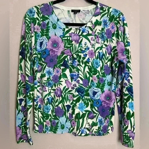 NWT Talbots Petites Floral Cardigan Sweater Medium Button Front Long Sleeves - Picture 1 of 7